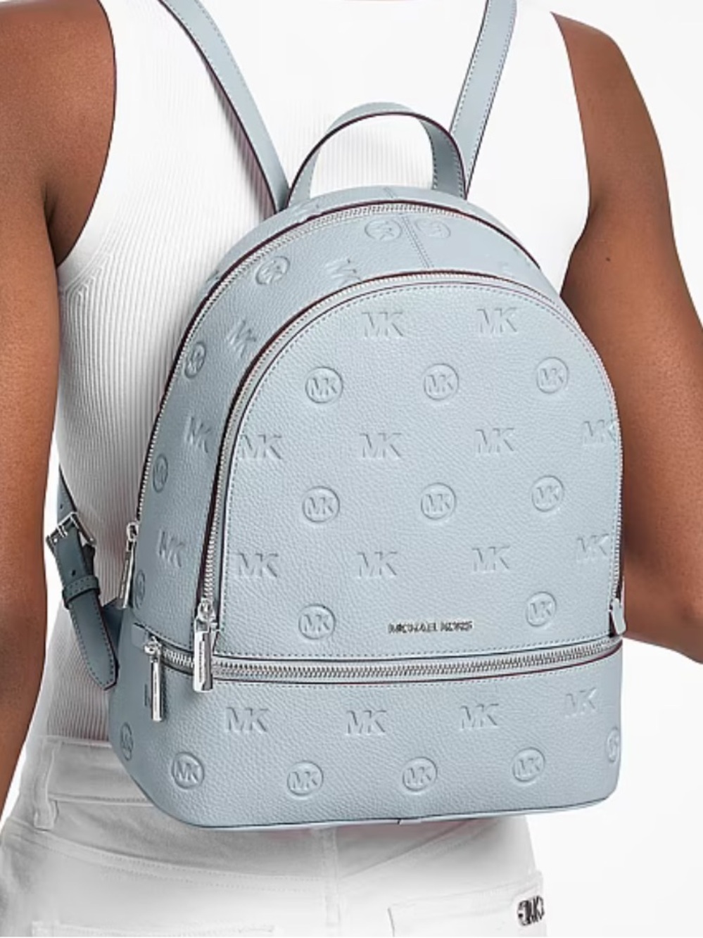 Michael Kors Rhea Medium Zip MK Logo Debossed Backpack
Pale Ocean 
NWT